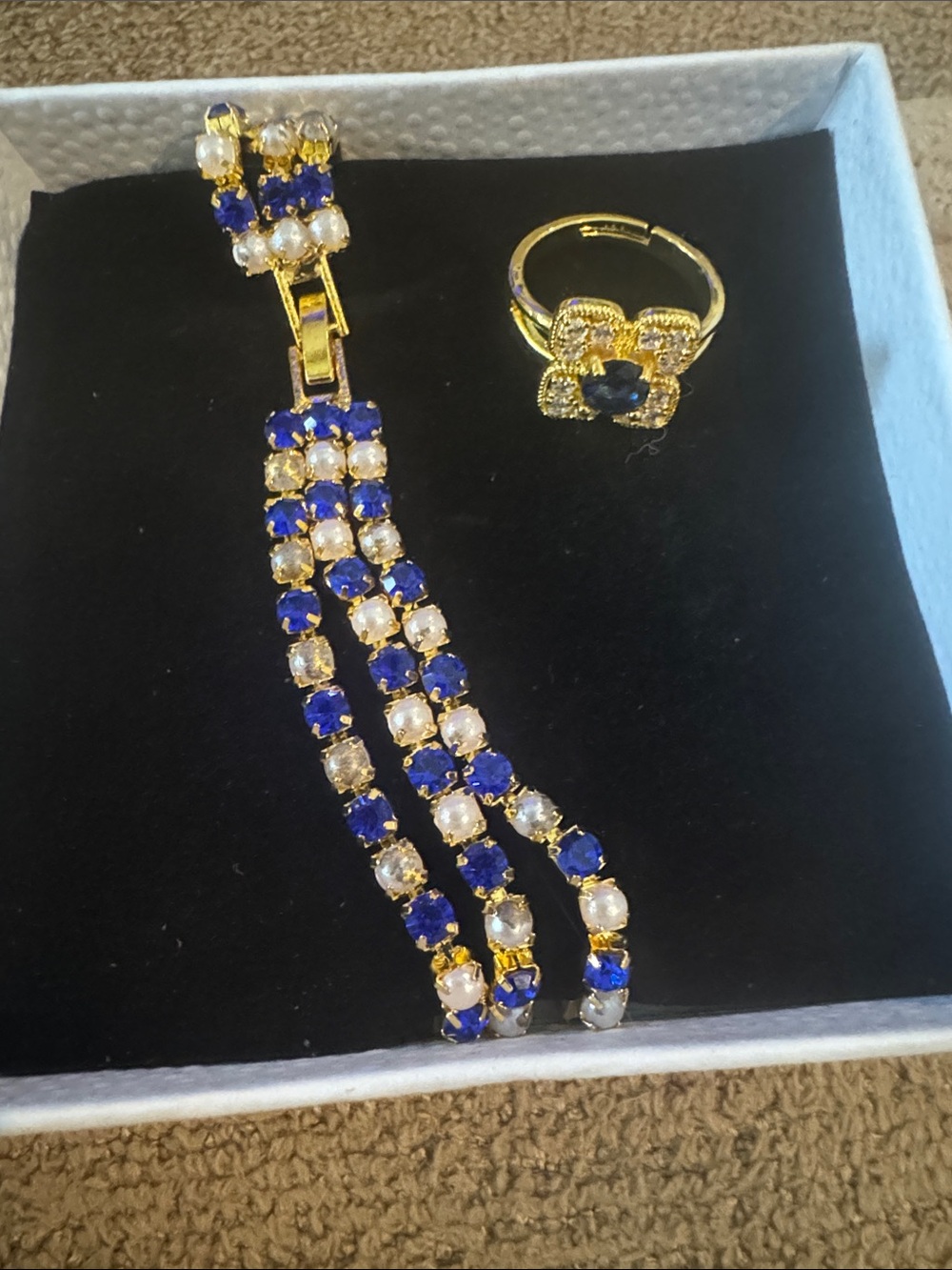 Gold Plated Blue & White Crystal Bracelet and Ring Set